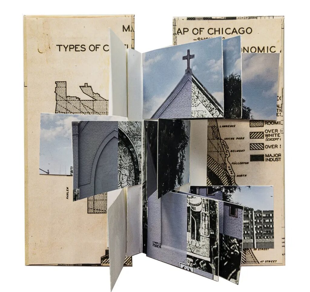 An artist's book that consist of a black and white map of Chicago, with a foldout image of a Church at Cabrini Green with a mural on its facade.