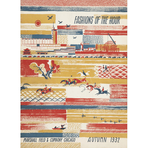 Yellow, red, and blue print of various striped and criss-crossed patterns with airplanes, construction, horses, birds, and hunters. "Fashions of the Hour" in blue print at top right. "Marshall Field & Company, Chicago Autumn 1932" in blue print across bottom of image.t bottom.