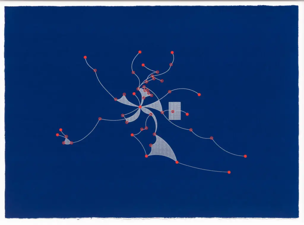 An abstract artwork based on flight patterns, featuring red dots connected by lines and triangles on a blue background.