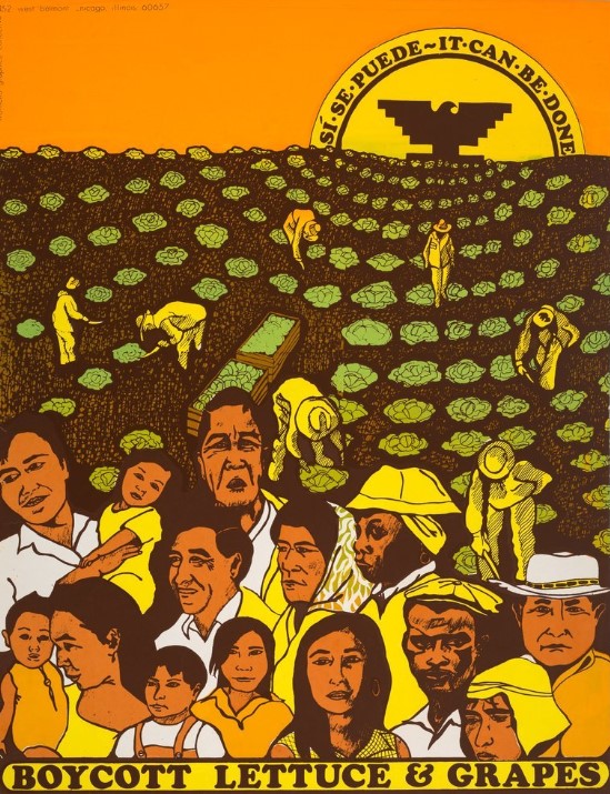 A screen print to support a national boycott of lettuce and grapes led by Cesar Chavez of the United Farm Workers of America. Their iconic Aztec eagle logo can be seen on the horizon along with their motto, "Si Se Puede—It Can Be Done." 