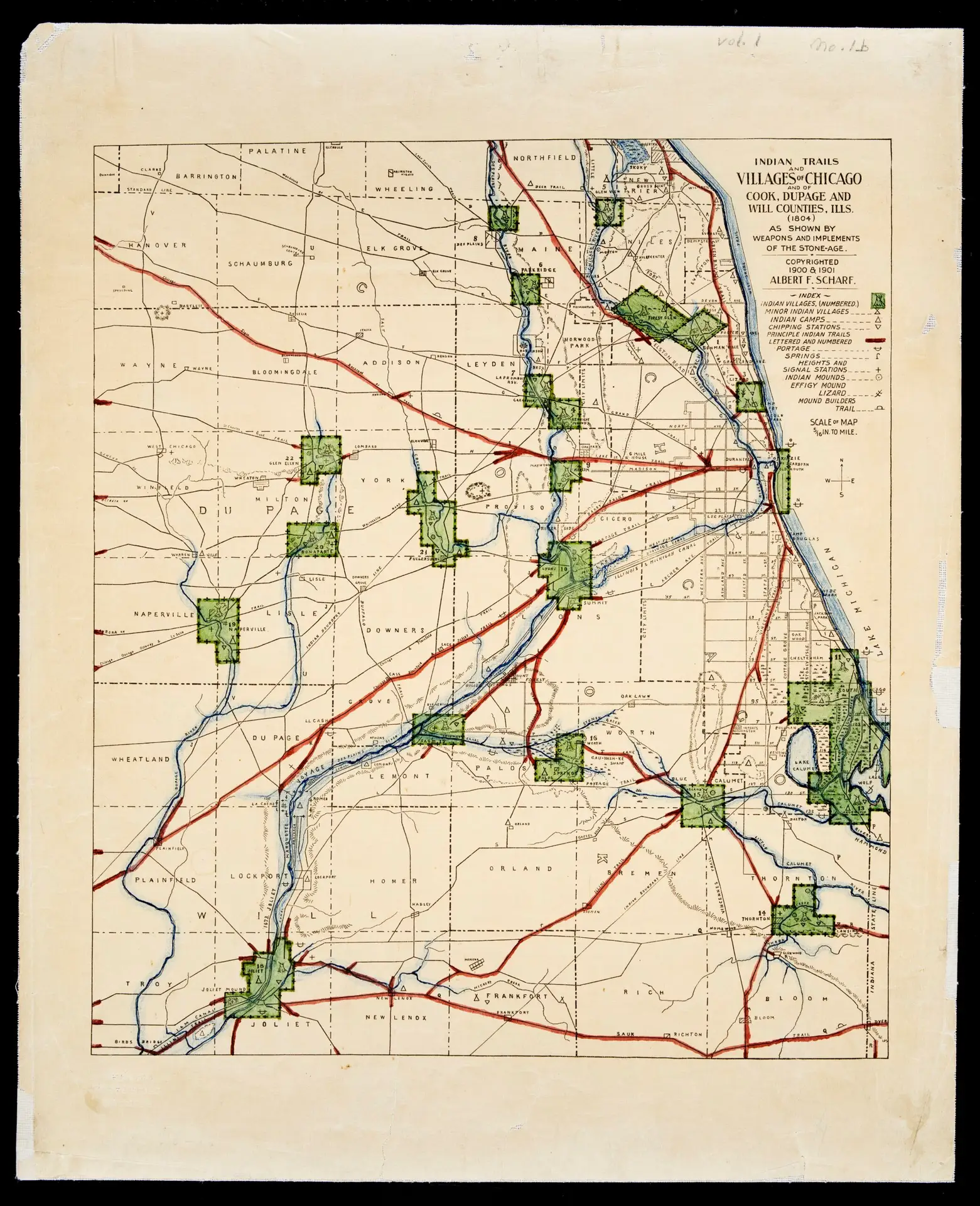 A map of the Chicago area with villages highlighted in green, principle trails in red, and waterways in blue.