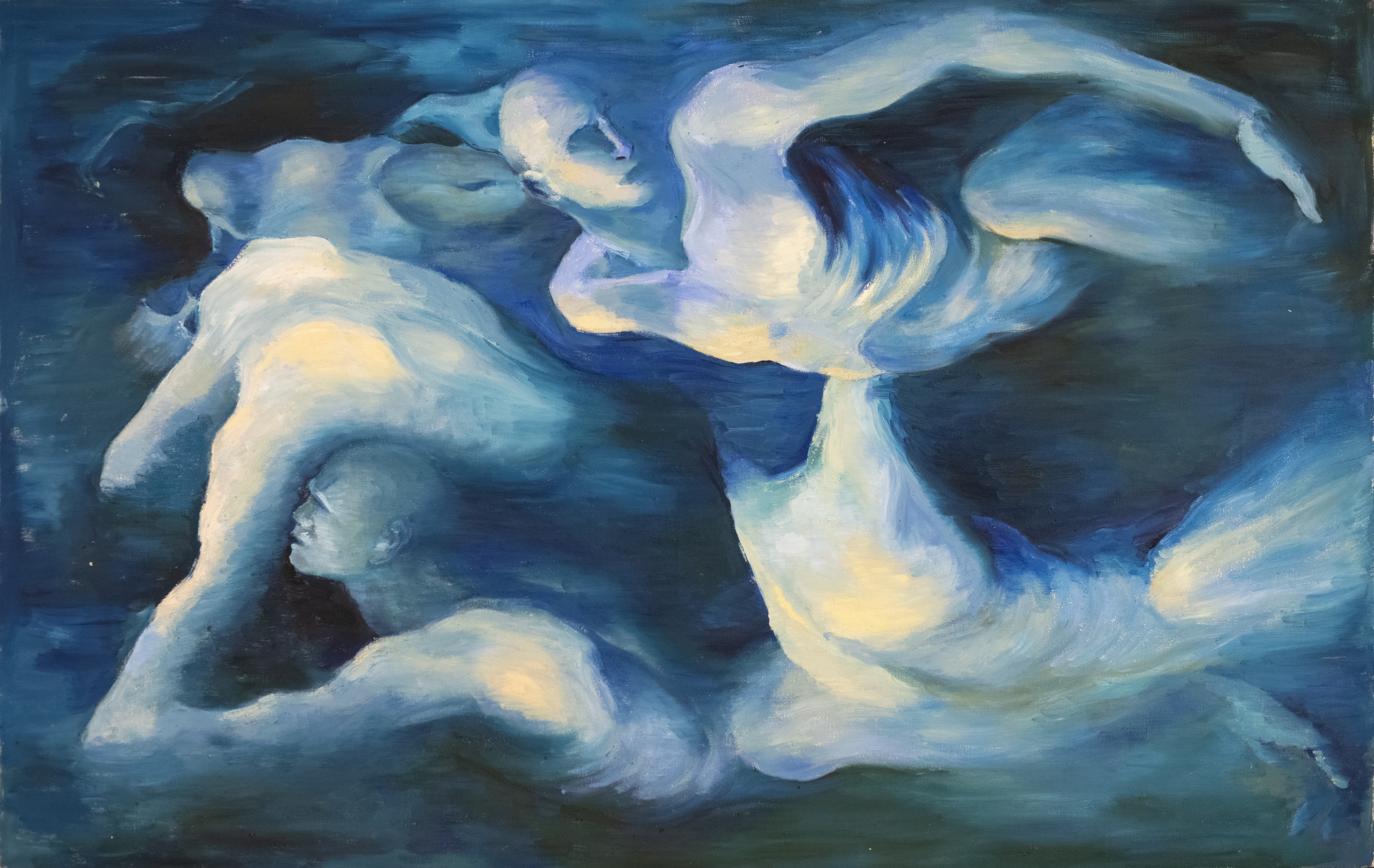 Abstract human figures float like clouds on a dark background.