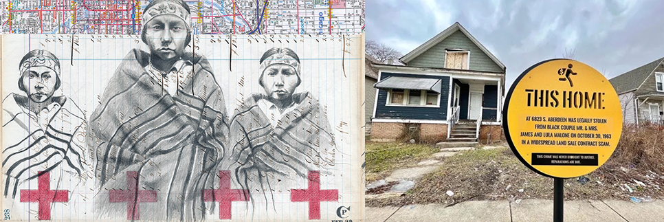 On the left, the figures wrapped in blankets and wearing headbands drawn on paper with vertical lines. On the right, a home with a sign in front that says "This home was legally stolen from a Black couple..."