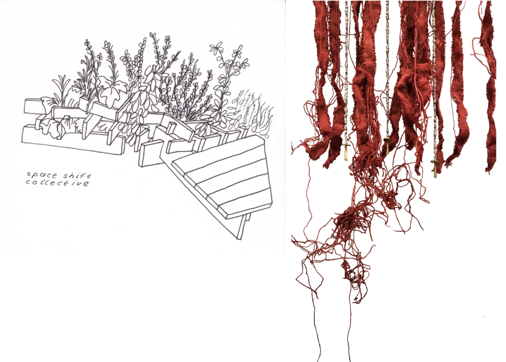 Left: Line drawing of a series of raised garden beds containing a variety of plants. Text states: Space Shift Collective.; Right: A detail view of a fiber artwork featuring long red fabric ribbons hanging vertically with tangled fringe at the ends.