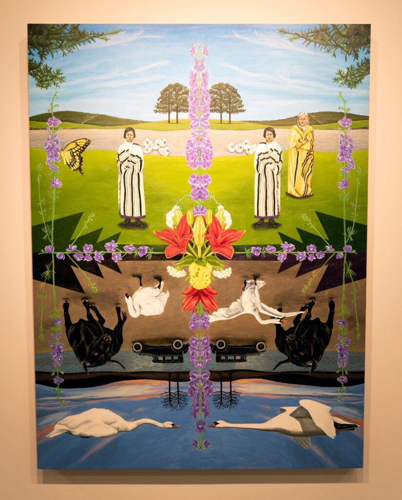 A painting divided into segments by a central flora cross. The top segment features three standing figures wearing long blanket wraps. The lower segment includes gees, bulls, cars, and trees all positioned upside down.
