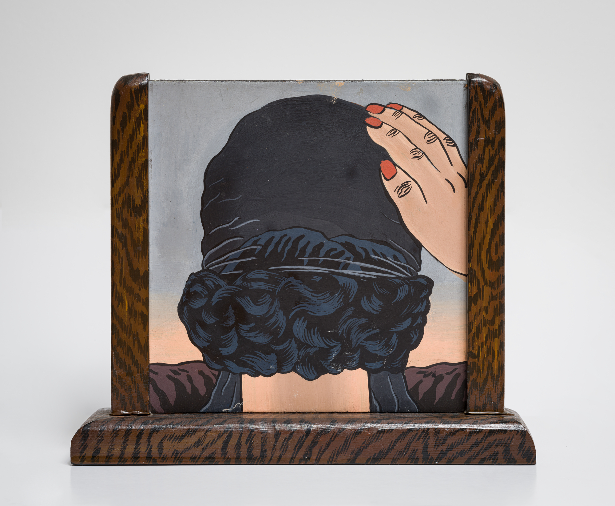 Square painting in a standing wood frame depicting the back of a head with dark hair and a hand with red fingernails.