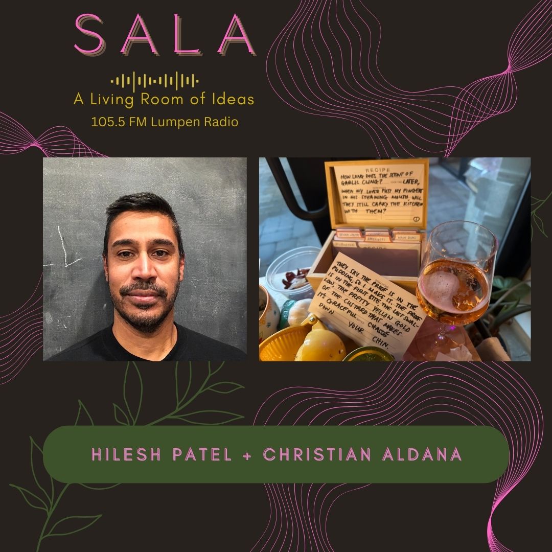 A graphic promoting this episode of the Sala series, featuring text and a headshot of Hilesh Patel (left )and a still life photo of recipe cards, a recipe box, a glass of wine, and other objects (right).