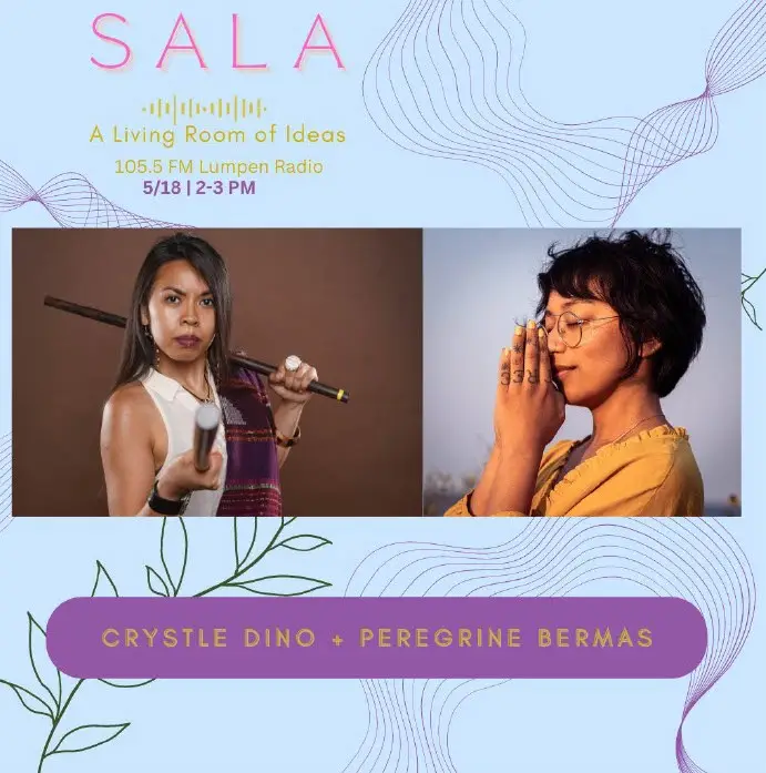 A graphic promoting this episode of the Sala series, featuring text and photos of Crystle Dino (holding marial arts sticks) and Peregrine Bermas (with hands held in prayer).