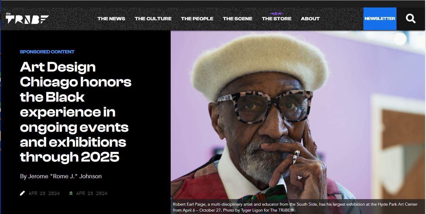 A screenshot of The Triibe website featuring the Art Design Chicago article and a photo of Robert Paige wearing a white beret and large glasses.