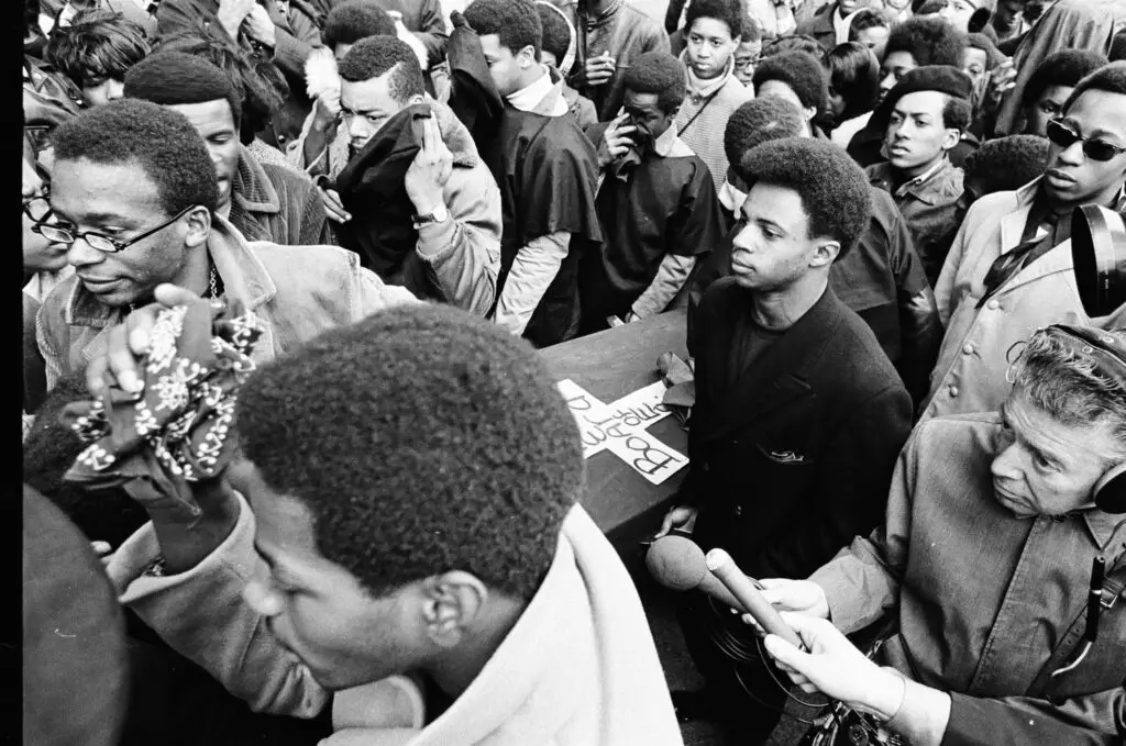 Black students stage mock funeral for the Board of Education during high school boycott, at the Civic Center Plaza, 50 West Washington Street, Chicago, Illinois.