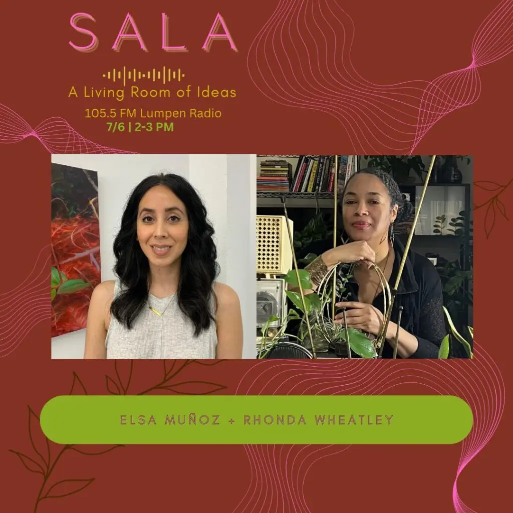 A graphic promoting this episode of the Sala series, featuring text and photos of Elsa Muñoz and Rhonda Wheatley.