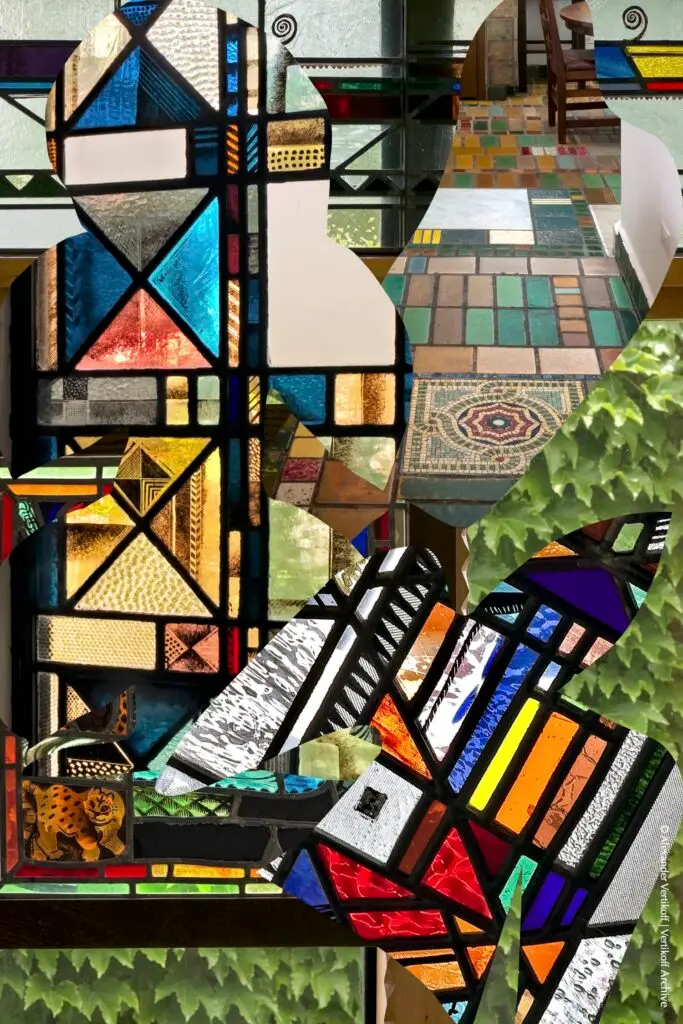 A collage of elements of Edgar Miller's work, including stained glass, a mosaic floor, and graphic designs.