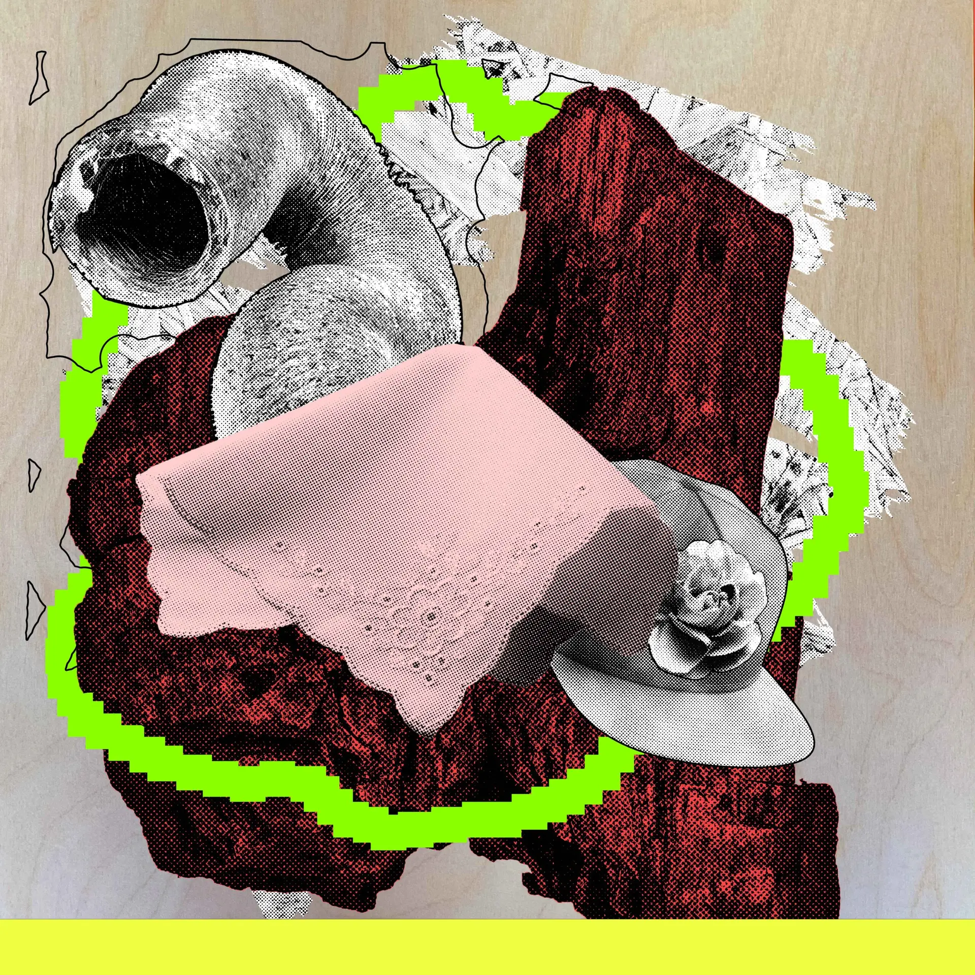 On a gradient brown to grey background from top to bottom, a collage of drawn and photographed images are positioned above it. There is a pink hankerchief in the foreground, a grey baseball cap below it, a drawn grey tube, and a red wood-textured structure. 