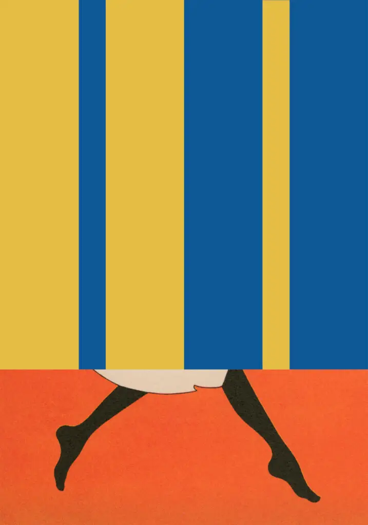 Vertical stripes in blue and yellow over a silhouette of two legs walking.