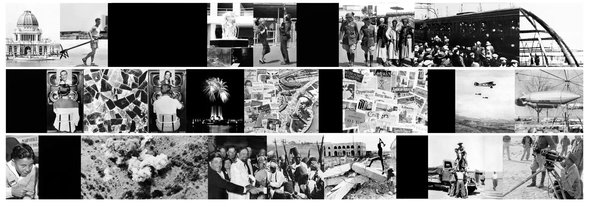 A collage of black and white images, including soldiers, views fo the Chicago World's Fairs, and others.