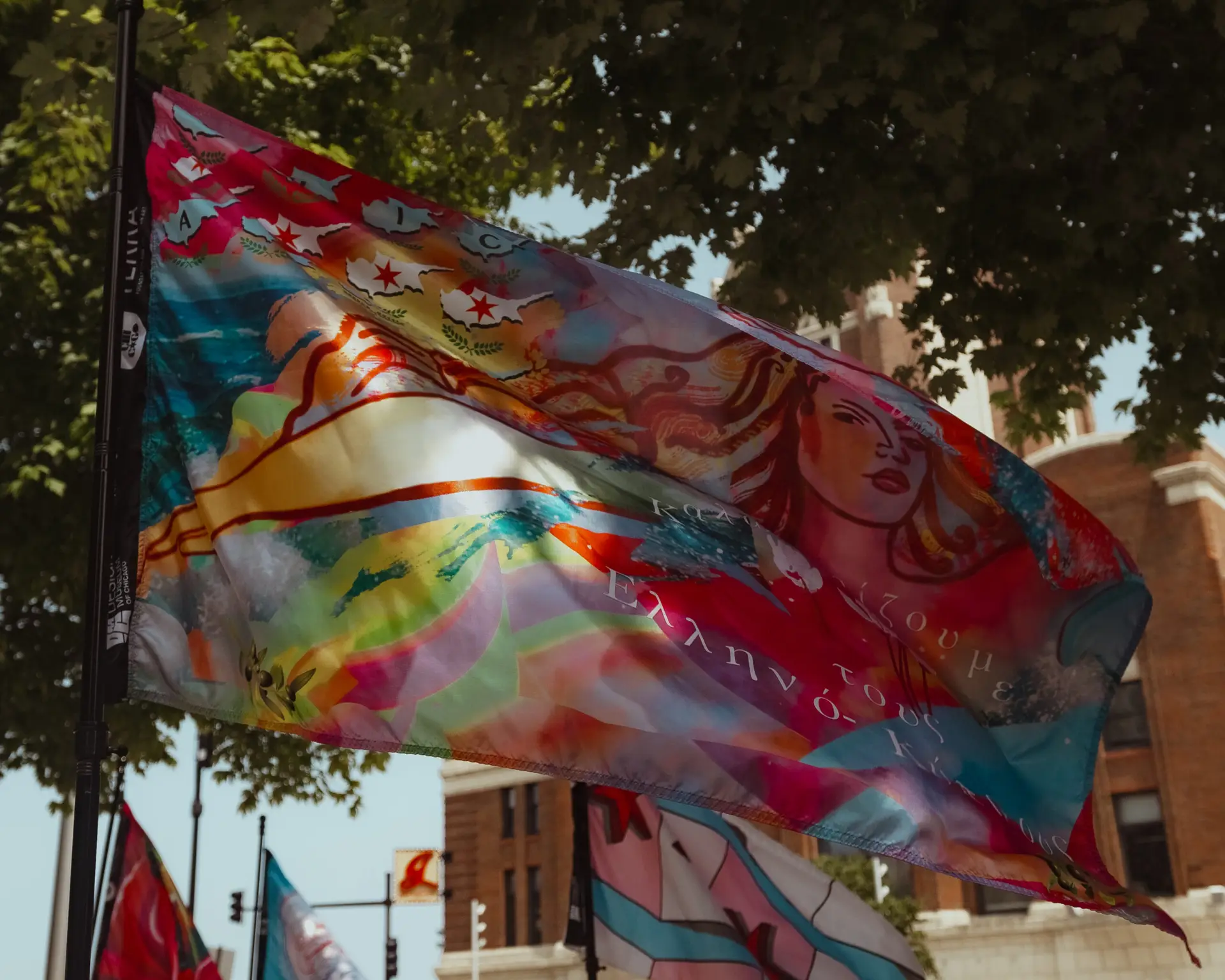 A multi-colored flag with a stylized image of a woman's head with long, flowing hair. Additional flags in the background.