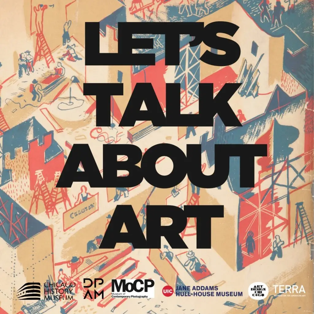 A graphic with text that says "Let's Talk About Art" and participating organizations' logos at the bottom.