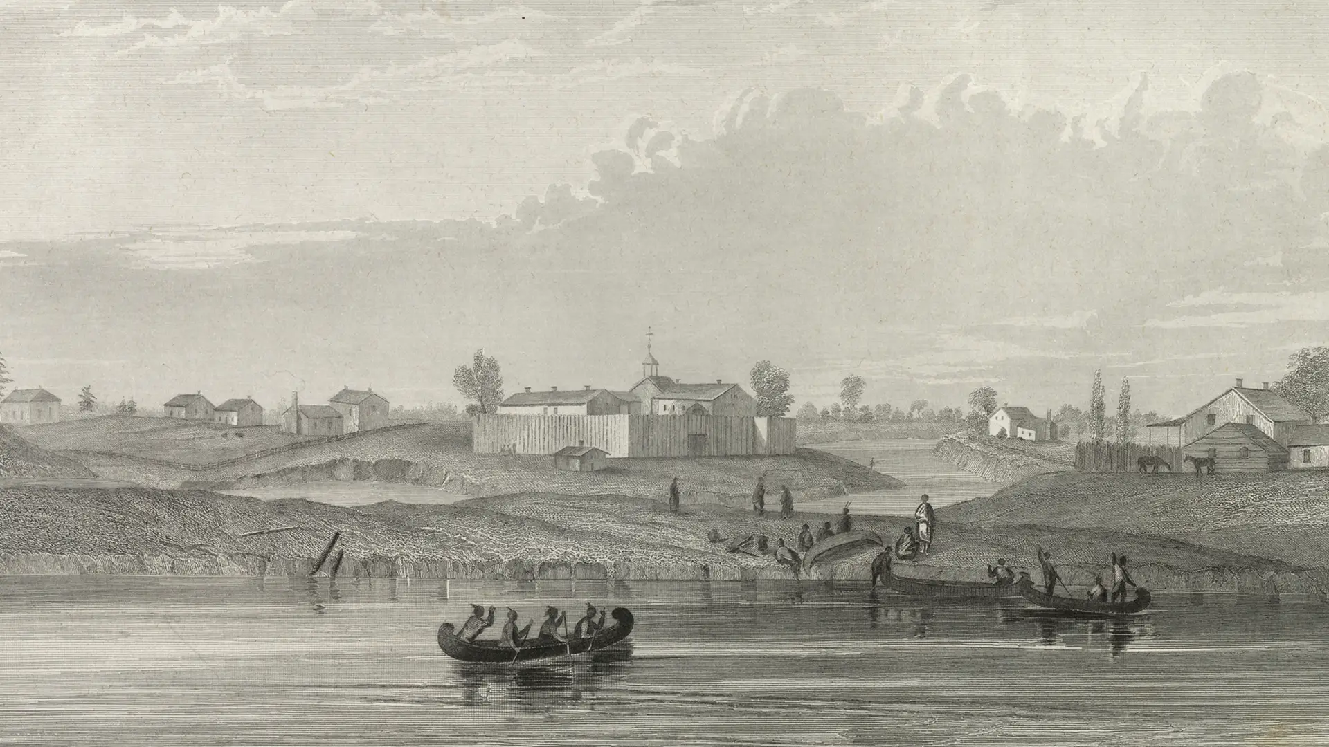 Historical landscape print showing Native people in a canoe on a river and others on the riverbank with buildings in the background.