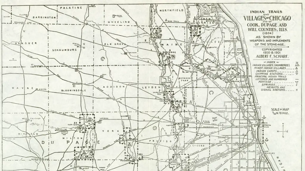 An image of a map. Text at top right says: Indian Trails and Villages of Chicago and Cook, DuPage, and Will Counties, Ills. (1804) as shown by weapons and implements of the stone-age.