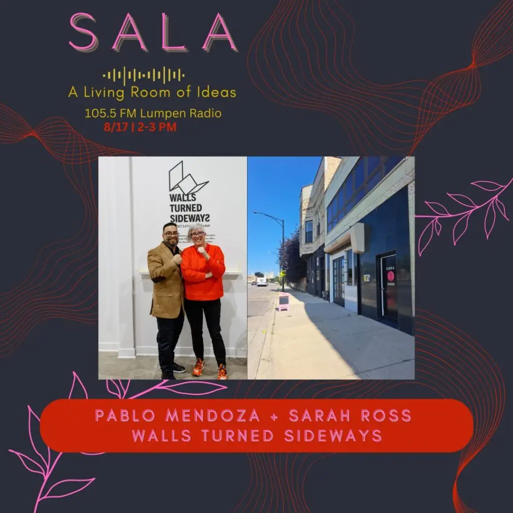 A graphic promoting this episode of the Sala series, featuring text and photos of Sarah Ross and Pablo Mendoza.