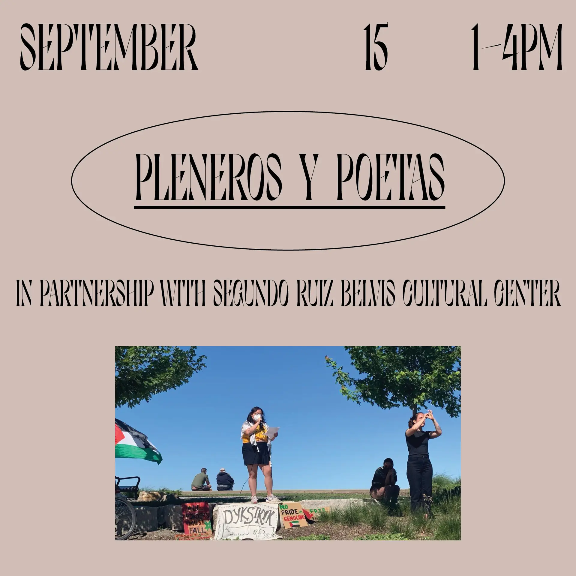 A graphic promoting this event that states "September 15, 1-4pm; Pleneros y Poetas; Segundo Ruiz Belvis Cultural Center."