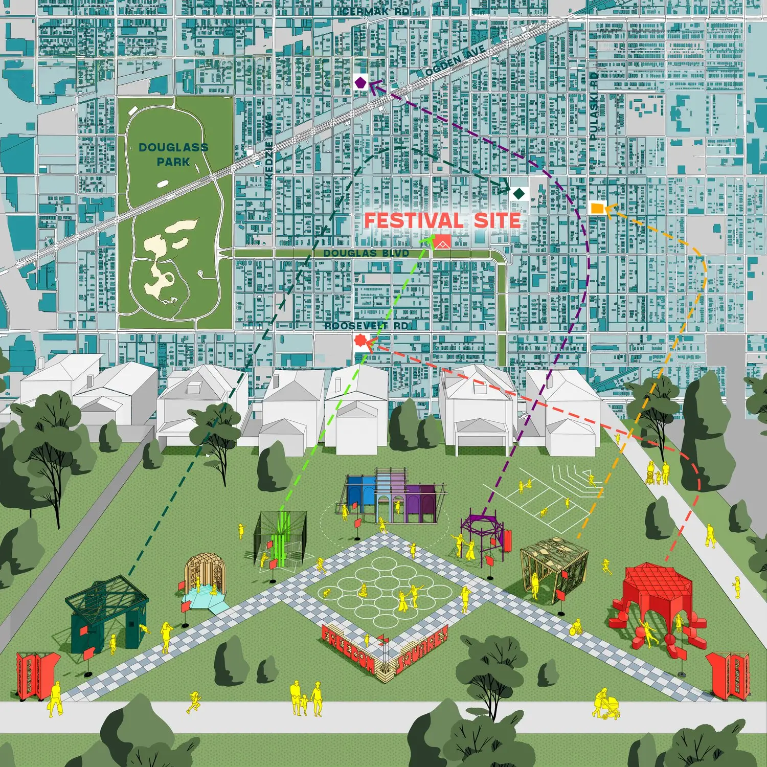 An illustrated map of the Chicago Sukkah Design Festival site.