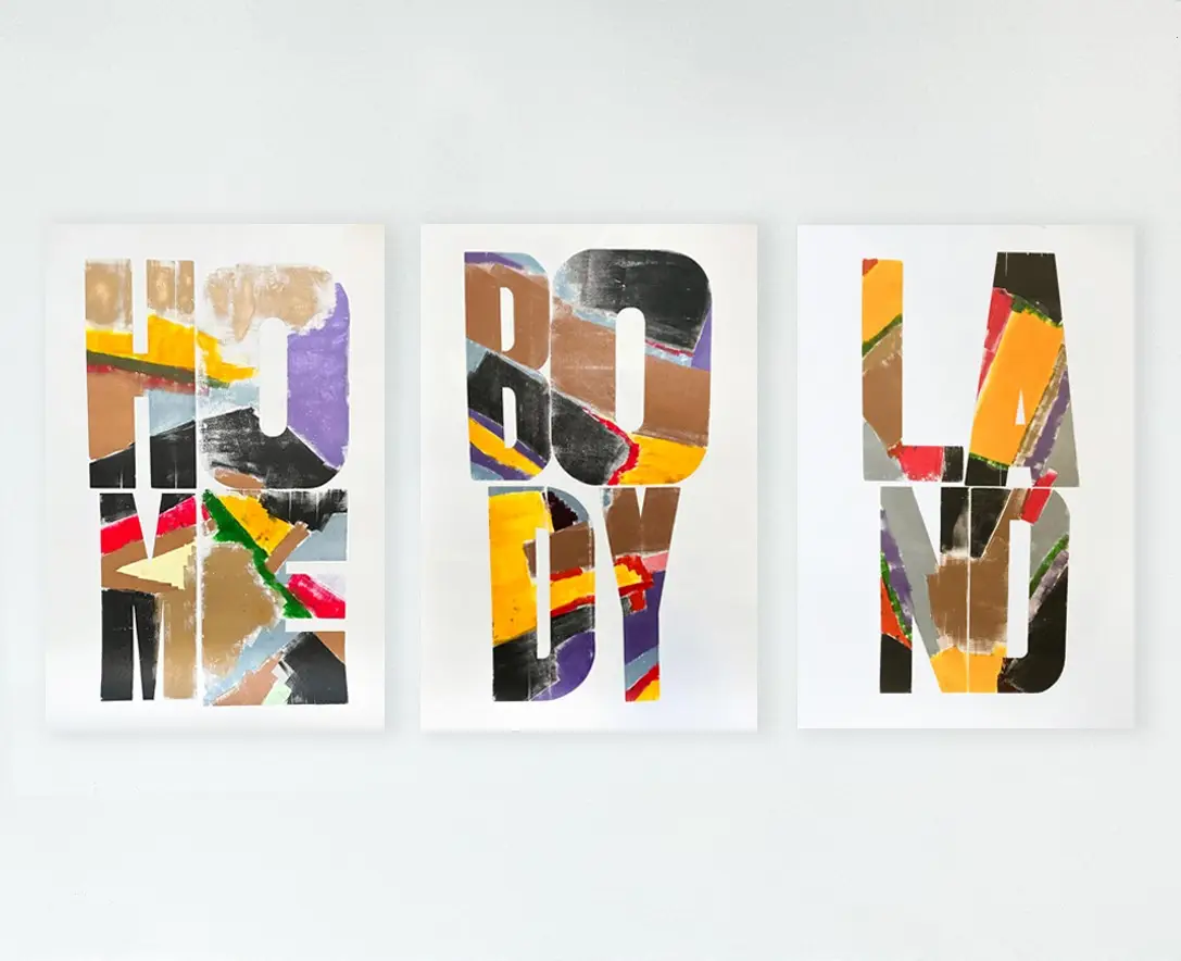 Three panels read "home", "body", and "land" respectively. Each word is abstractly colored with brown, greys, purple, yellow, and red. 