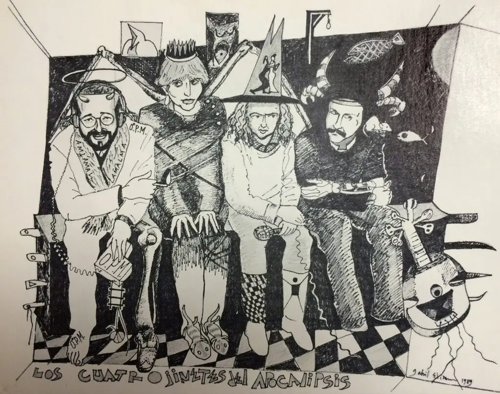 A black and white drawing of four artists seated next to each other in a row, each wearing an unusual hat. Text at the bottom states: "Los Cuatro Jinetes del Apocalipsis."