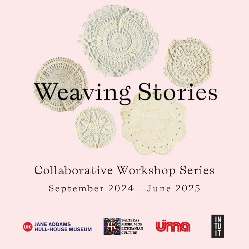 A graphic promoting the Weaving Stories series with text over images of five delicate handmade doilies. Partner logos are displayed at the bottom.