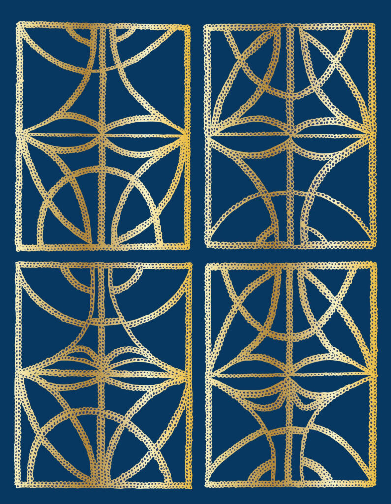 Abstract pattern of gold lines on a navy blue background.