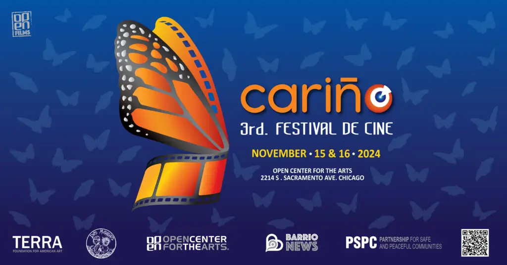 Graphic promoting the Cariño Festival de Cine with Monarch butterfly wings and a strip of film.