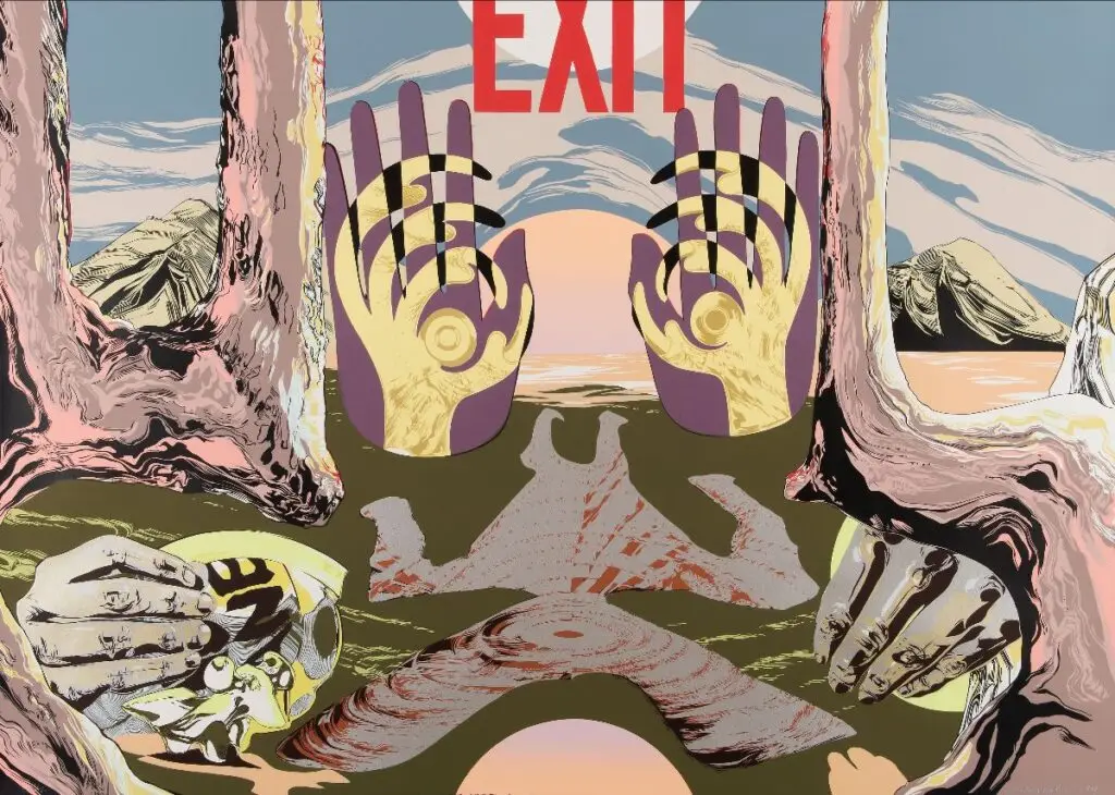 A dense, layered print featuring four hands and the word "Exit."