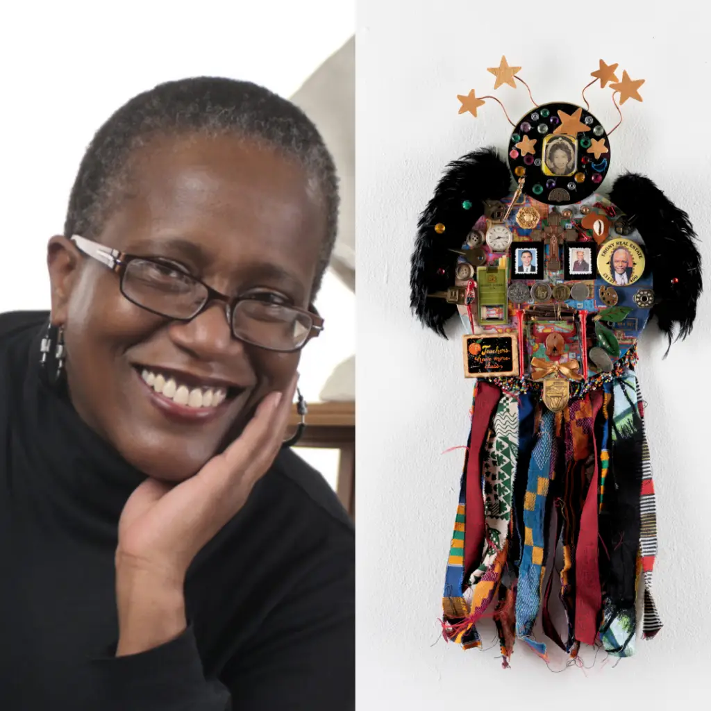 Headshot of Juarez Hawkins (left) and Patricia Stewart, Chicago's Middle Class c/o my Family History, 2015. Mixed media collage, 14" (W) x 28" (H). Courtesy of the artist (right).