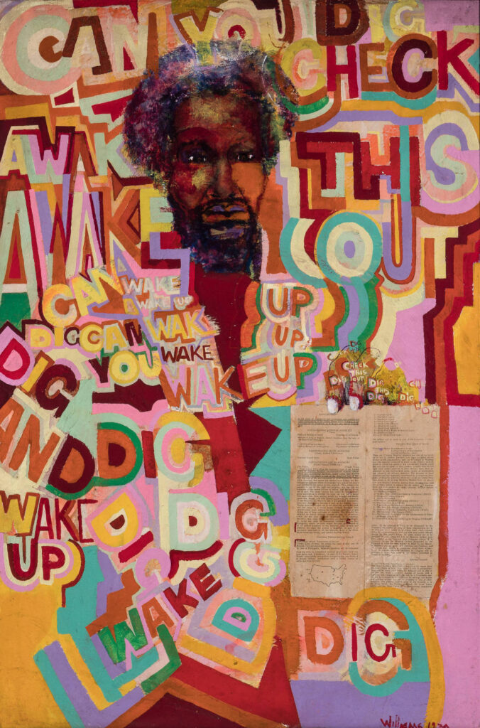 A three quarter portrait of a male figure with afro and beard surrounded by colorful, crowded text letters.