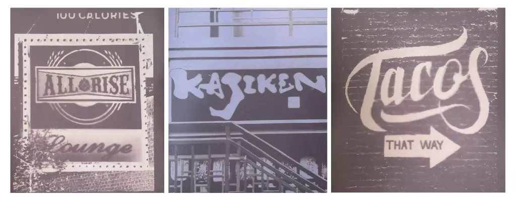 A set of three images depicting typography on signs that say "All Rise Lounge," "Kajiken," and "Tacos, That Way."